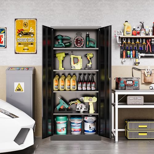 Wide & Deep Metal Garage Storage Cabinet with Locking Doors and Adjustable Shelves, Tall Garage Cabinet with Lock, 74.5" Tool Cabinet for Garage, Basement, Home Office (Black) - color: Black, size: 72"H x 36"W x 18"D