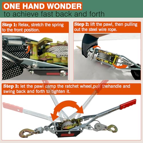 4410lbs Come Along Winch,2T Pulling Capacity,12ft Steel Cable - size: 2 Ton