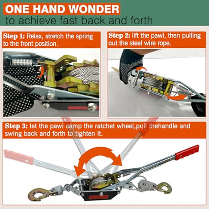 4410lbs Come Along Winch,2T Pulling Capacity,12ft Steel Cable - size: 2 Ton