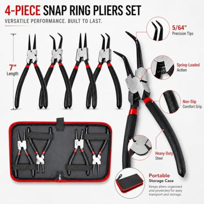 4PC 7" Snap Ring Pliers Set, Internal/External Circlip Pliers Kit with Straight+Bent Jaw Tips, Heavy Duty C Clamp Pliers for Automotive Tools