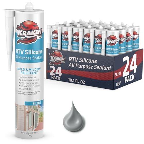 Kraken Bond RTV Silicone Sealant Gray (24 x 10.1 fl.oz.)%100 Waterproof Silicone Caulk Kitchen and Bathroom, All Purpose, Window Caulking Sealant Outdoor, RV, 24 Pack