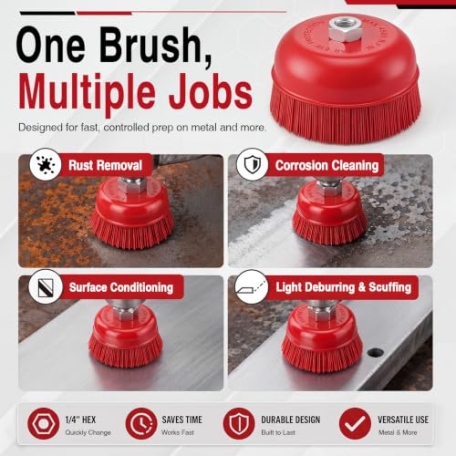 2 Pack 6'' Abrasive Filament Nylon Bristle Cup Brush, with 1/4" Hex Drill Shank Arbor, 5/8" 11 Thread, Angle Grinder Nylon Wire Brush for Rust Removal Polishing Corrosion Surface Prep