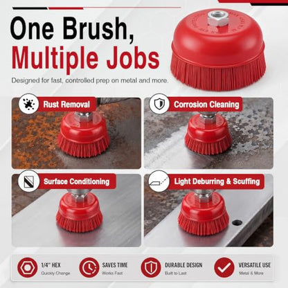 2 Pack 6'' Abrasive Filament Nylon Bristle Cup Brush, with 1/4" Hex Drill Shank Arbor, 5/8" 11 Thread, Angle Grinder Nylon Wire Brush for Rust Removal Polishing Corrosion Surface Prep