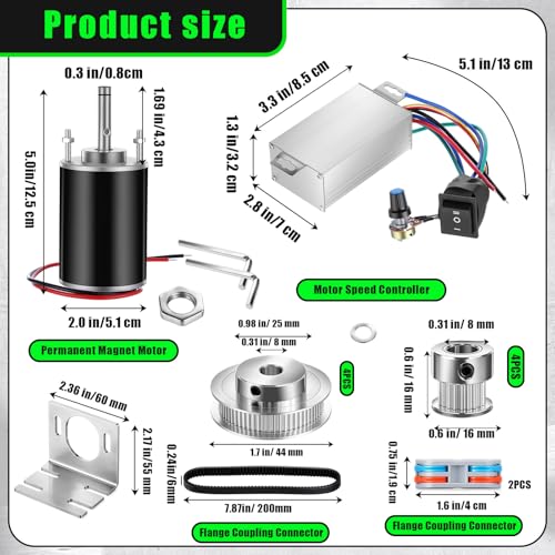 12V-24V DC Geared Motor Kit (3500-7000 RPM High Speed), Permanent Magnet Motor with Speed Controller, GT2 Synchronous Pulleys and Timing Belt Set for DIY Projects(Without Screw Thread)