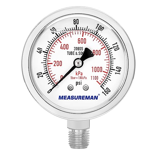 MEASUREMAN Fully Stainless Steel Hydraulic Glycerin Filled Pressure Gauge, 2-1/2" Dial Size,0-160psi/kpa,1/4" NPT Lower Mount - size: 0-160 psi, style: Lower Mount(100% Stainless Steel)