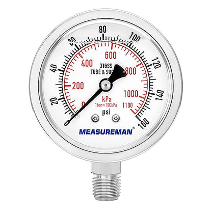 MEASUREMAN Fully Stainless Steel Hydraulic Glycerin Filled Pressure Gauge, 2-1/2" Dial Size,0-160psi/kpa,1/4" NPT Lower Mount - size: 0-160 psi, style: Lower Mount(100% Stainless Steel)