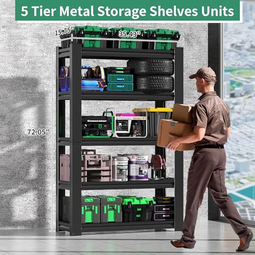 72" H Garage Shelving, Garage Shelves Heavy Duty, 5 Tier Adjustable Storage Shelves for Warehouse, Basement, Workshop, Kitchen, Require Assembly, 16''D*35.5''W*72''H, Black - size: 16"D*35.5"W*72"H