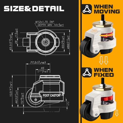 Retractable Leveling Machine Casters 4Pcs- 4400 lbs Per Set - size: 2.5 INCH