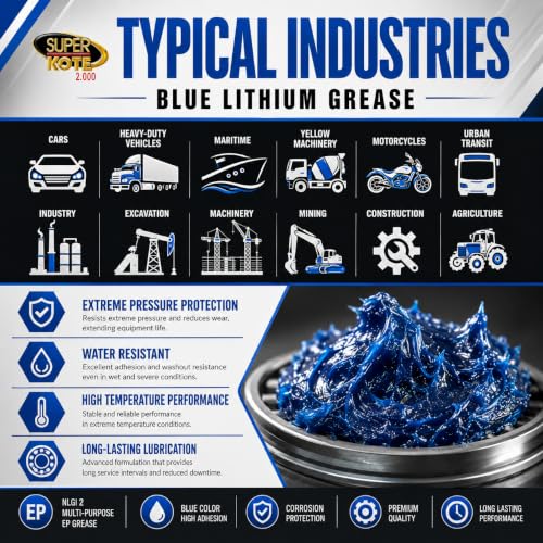 Blue and Tacky Lithium Grease Superkote 2000 | NLGI 2 | Lubricant Grease | Extreme Pressure | High Temperature | Heavy Duty | Wheel Bearing Grease | Marine | Automotive | Blue Grease | 360 gr Can