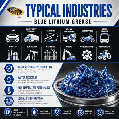 Blue and Tacky Lithium Grease Superkote 2000 | NLGI 2 | Lubricant Grease | Extreme Pressure | High Temperature | Heavy Duty | Wheel Bearing Grease | Marine | Automotive | Blue Grease | 360 gr Can