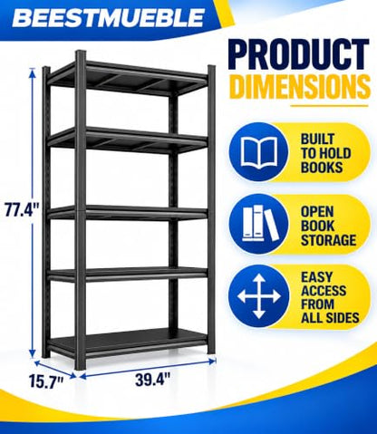 Book Shelf, Metal Bookshelf with Double-Layer Columns, Adjustable Bookcase - size: 39.4"Wx 15.7"Dx 77.4"H
