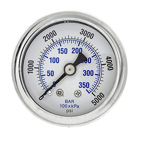 Liquid Filled Center Back Mount Pressure Gauge with 1.5" Dial, 0-5000 PSI, 1/8" Male NPT Connection, Stainless Steel CASE and Bezel (1)