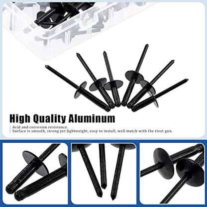 Glarks 75Pcs 3/16" x 5/8" / 13/16" / 1" Black Large Flange Blind Rivets Pop Rivets Assortment Set for Joining Metal Plate Pipe Automotive