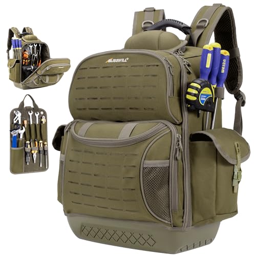 Tool Backpack Heavy Duty Tool Bag for men Waterproof Molded Base 62 Pockets - color: Dark Khaki