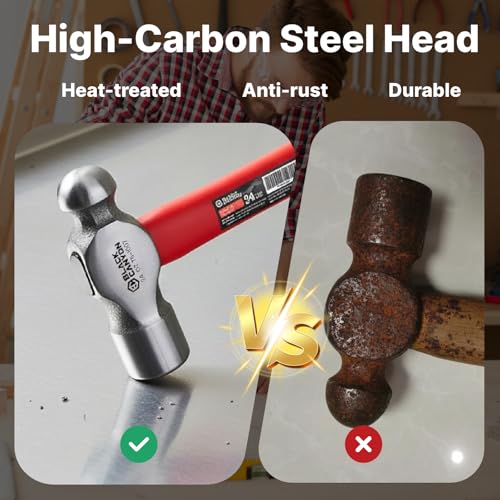 BLACK CANYON 8 oz Ball Peen Hammer, Dual-Head High Carbon Steel Hammer with Fiberglass Handle, Non-Slip Grip for Metalworking, Jewelry Making, Automotive Repair, Riveting, DIY & Workshop - size: 8 oz