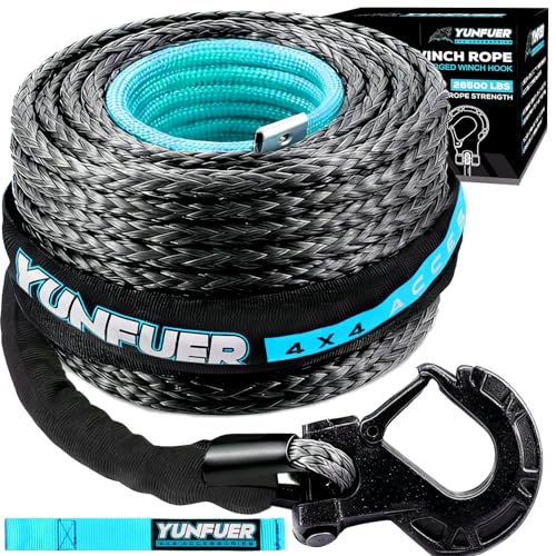 3/8" x 92ft Synthetic Winch Rope Cable Kit, 26000LBS Winch Rope with Protective Sleeve + Forged Winch Hook and Safety Pull Strap for SUV (Gray) - color: gray, size: 3/8"x92ft