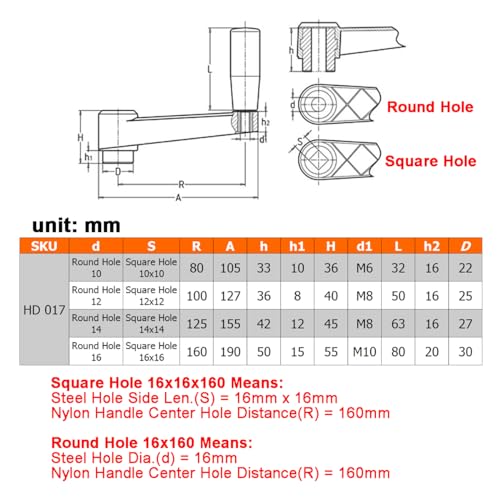 6.3" Nylon Crank Handle Drill Press Revolving Handle with Round or Square Installation Hole Smooth 360 Degree Operation for Industry Lathe Milling Grinding Machine (Round Hole 16 * 160) - size: Round Hole 16x160