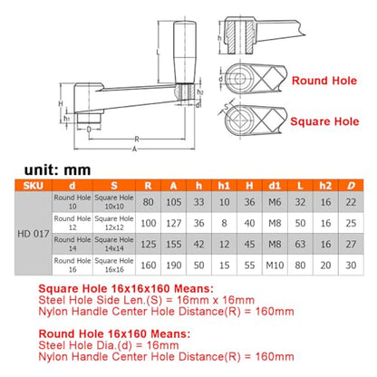 6.3" Nylon Crank Handle Drill Press Revolving Handle with Round or Square Installation Hole Smooth 360 Degree Operation for Industry Lathe Milling Grinding Machine (Round Hole 16 * 160) - size: Round Hole 16x160