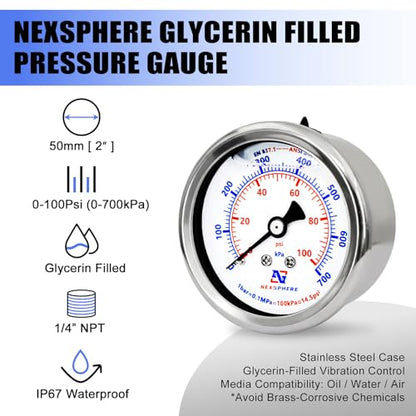 0-100 PSI Air Pressure Gauge, 2" Dial Liquid Filled Back Mount Gauge, 1/4" NPT Brass Connection, 304 Stainless Steel Case, IP67 Waterproof, for Air Compressor, Regulator, Gas & Water - size: 0-100 PSI, style: Back Mount