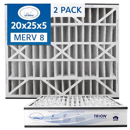 Air Bear 20x25x5 Pleated HVAC Air Filter MERV 8 (2-Pack) (actual size: 19.75" x 24.25" x 4.9" in.) compatible part number 255649-102