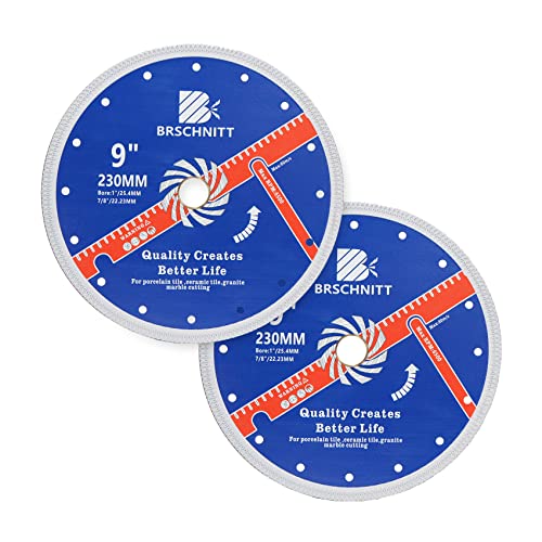 Super Thin Diamond Porcelain Saw Blade with X Teeth,BRSCHNITT 2pcs 9 Inch (230mm) x Arbor 1"-7/8" Angle Grinder Diamond Cutting Disc for Dry/Wet Cutting Porcelain Tile Ceramic Marble Granite - size: 230mm(9")