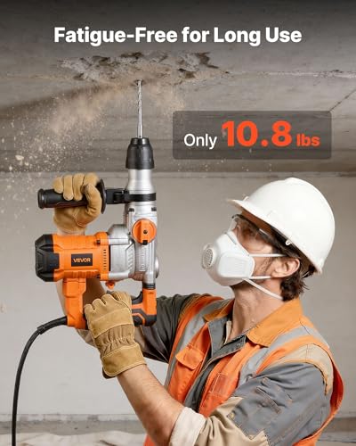 VEVOR Rotary Hammer Drill, 1-1/8 in SDS-Plus Electric Corded Heavy Duty Rotary Hammer, Including 3 Drill Bits, Flat Chisel, Pointed Chisel, Grease, Brush, and Carrying Case, for Concrete and Masonry - size: 1-1/8 in