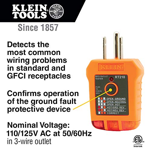 Klein Tools RT210 Outlet Tester, Receptacle Tester for GFCI / Standard North American AC Electrical Outlets, Detects Common Wiring Problems - size: Pack of 1