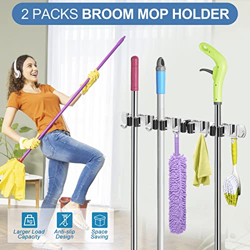 IMILLET 2 Pack Broom Holder Wall Mount Stainless Steel Mop Organizer - color: Stainless Steel - 4 Racks with 5 Hooks, size: 2 Pack