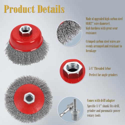 4Pcs 4"Coarse Crimped Wire Wheel & 3"Cup Brush For 4-1/2" Angle Grinder 5/8"-11 UNC Arbor, 0.014”Carbon Steel Wire Brush For Rust, Corrosion, Paint Removal(With 2Pcs 1/4" Shank Drill Adapter) - style: 4" Coarse Crimped Wire Wheel & 3" Cup Brush