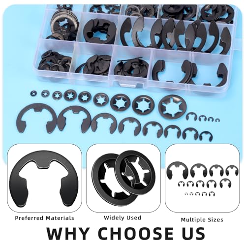 Glarks 261pcs 65Mn-Steel Internal Tooth Star Lock Washers and E-Clip Retaining Rings Kit Includes 100pcs 9 Sizes Push on Locking Washers and 160pcs 14 Sizes E-Ring Circlip Rings and A Tweezer