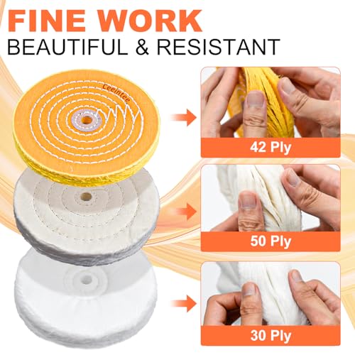 8 Pack 6 Inch Polishing Wheel for Bench Grinder, Include 1/2" Arbor Hole 2 Yellow Cotton(42Ply), 2 White Cotton Polish Wheels(50Ply), 1 Soft Flannel Buffing Wheel(30Ply)& 3 Polishing Compound