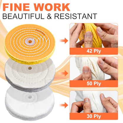 8 Pack 6 Inch Polishing Wheel for Bench Grinder, Include 1/2" Arbor Hole 2 Yellow Cotton(42Ply), 2 White Cotton Polish Wheels(50Ply), 1 Soft Flannel Buffing Wheel(30Ply)& 3 Polishing Compound