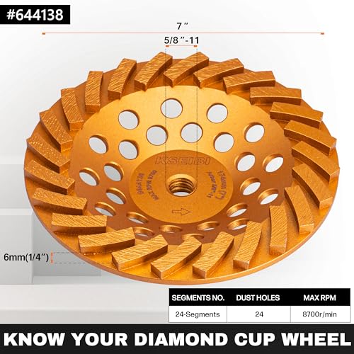 KSEIBI 644138 Diamond Concrete Grinding Wheel 7 inch for Polishing and Cleaning Stone Concrete Surface, Cement, Marble, Rock, Granite, and Thinset Removing, 5/8"-11 Arbor - size: 7"x5/8"-11 (24 Segments)