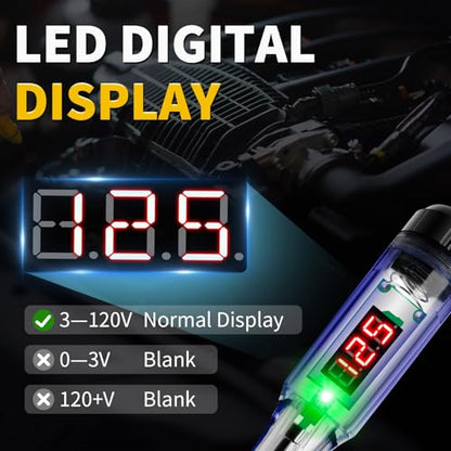 Test Light Automotive 3-120V DC LED Digital Circuit Tester with Voltage Display, Auto Bidirectional Voltage Tester, Electric Test Probe Pen for Car Battery Polarity Continuity Fuses