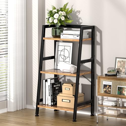 3-Tier Bookshelf, Ladder Shelf, Industrial Bookcase with Steel Frame, Metal Small Bookcase, stand up shelves for Living Room, Home Office, Kitchen, Bedroom, Industrial Style（Rustic Brown & Black） - color: Rustic Brown, size: 3 Tier (11.8"D x 16.5"W x 31.3