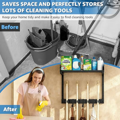 HUFAND 15" Wall Mounted Broom Holder and Mop Organizer with Shelf and Hook - color: Black, size: Small