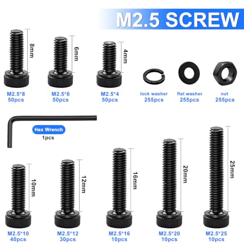 1016PCS M2.5 Screws Kit, M2.5x4/6/8/10/12/16/20/25mm Hex Socket Head Cap Screws Bolts Nuts Washers Kit, 12.9 Grade Alloy Steel Metric Screws for 3D Printer, Electronics, Furniture Repair - color: BK-M2.5 x 4-25mm