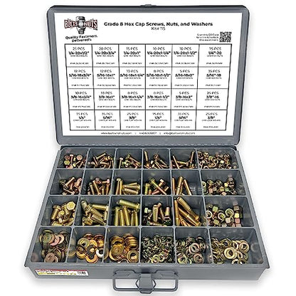 Grade 8 Hex Cap Bolts Screws, Nuts, Washers, Lock Washers Assortment Kit - 574 Pieces!