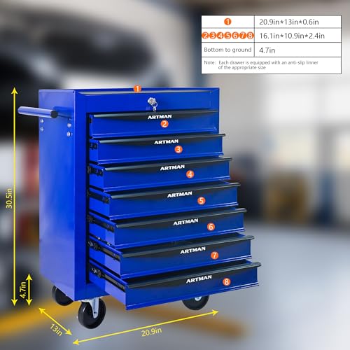 7-Drawer Rolling Tool Chest, Lockable for Garage, Blue - color: Blue, size: 7-Drawers