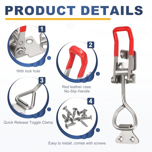 HARFINGTON 4pcs 4001 Toggle Latch Clamp Adjustable SUS304 with Lock Hole - color: Silver/Red