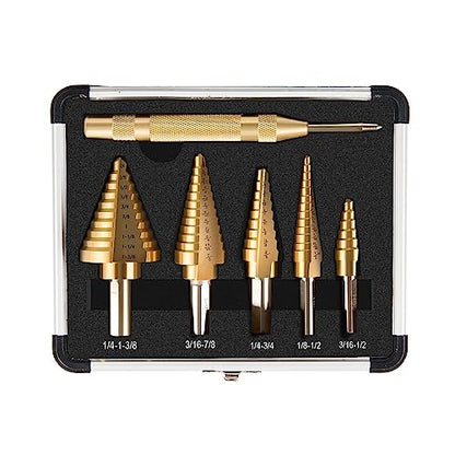 6pcs Step Drill Bit Set, 5 Titanium Coated Hss Step Bit & Automatic Center Punch Unibit, 50 Sizes Step Drill for Multiple Hole Drill with Aluminum Case for DIY Lovers and Home Use