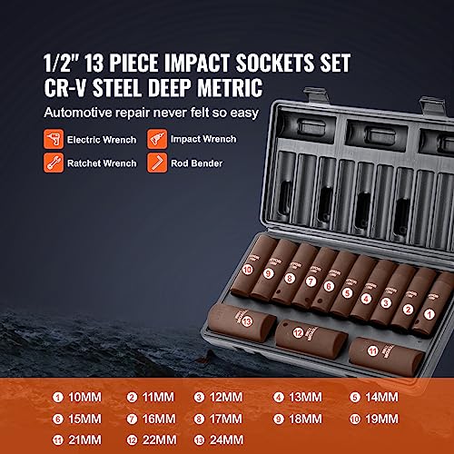 VEVOR 1/2" Drive Impact Socket Set, 13 Piece Deep Socket Set Metric 10-24mm, 6 Point CR-V Alloy Steel for Auto Repair, Easy-to-Read Size Markings, Rugged Construction, Includes Storage Case - size: 1/2" 13PCS