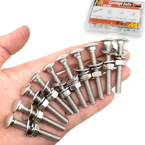 10 Sets 1/4"-20 x2 Carriage Bolts Round Head Square Neck Screws with Hex Nuts Flat Washers Spring Lock Washers 304 Stainless Steel Full Thread Coverage Square Neck Bolts Assortment Kit - size: 1/4"-20 x2"-10 Sets