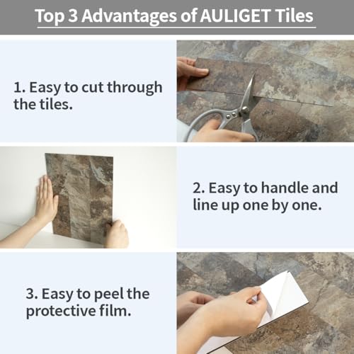 AULIGET 40-Piece Beige & Brown Slate Peel and Stick Backsplash Wall Tiles, 3" x 12" PVC Faux Stone Stick on Tiles for Backsplash Kitchen, Bathroom, Laundry Room, Camper, Fireplace - color: Beige & Brown Slate, size: 40 Pieces, 3"x12"x0.12"