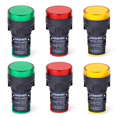 GASHER 12V/24V/110V 20mA Energy Saving Indicator Light Mounting Hole Size 22mm (7/8 Inch) Red Green Yellow (24V) 6 Pcs - style: 24V