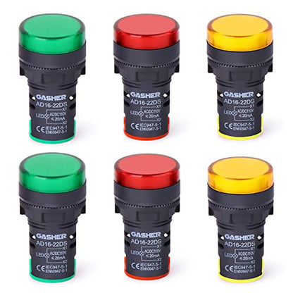 GASHER 12V/24V/110V 20mA Energy Saving Indicator Light Mounting Hole Size 22mm (7/8 Inch) Red Green Yellow (24V) 6 Pcs - style: 24V