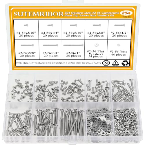 254 Pieces #2-56 x 3/16", 1/4", 5/16", 3/8", 1/2", 5/8", 3/4", 1", Countersunk Head Socket Cap Screws Nuts Washers Assortment Kit - size: #2-56, style: Countersunk Head Socket Cap