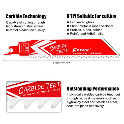 EZARC Carbide Reciprocating Saw Blades, 6-Inch 8TPI, Thick Metal, 3-Pack - size: 6 Inch