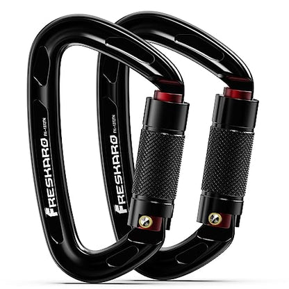 FresKaro UIAA Certified 25KN Auto Locking Climbing Carabiner Clips, Twist Lock, and Heavy Duty Carabiners for Rock Climbing, Rappelling, and Mountaineering, D Shaped - color: 2PCS-BLACK