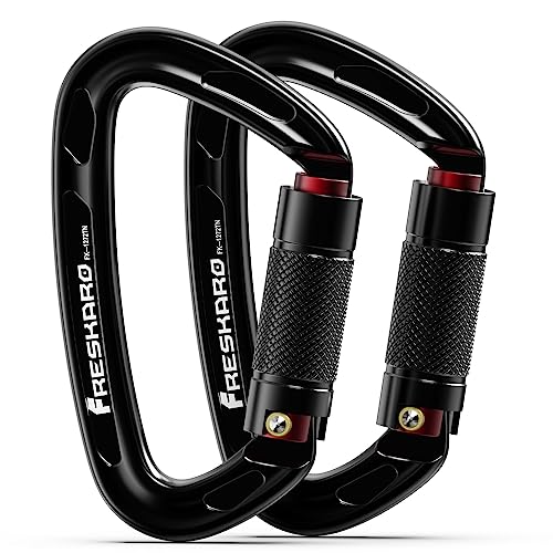 FresKaro UIAA Certified 25KN Auto Locking Climbing Carabiner Clips, Twist Lock, and Heavy Duty Carabiners for Rock Climbing, Rappelling, and Mountaineering, D Shaped - color: 2PCS-BLACK
